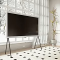 Modern TV in White Room with Snowy Window Curtains Plant Fireplace and Checkered Rug