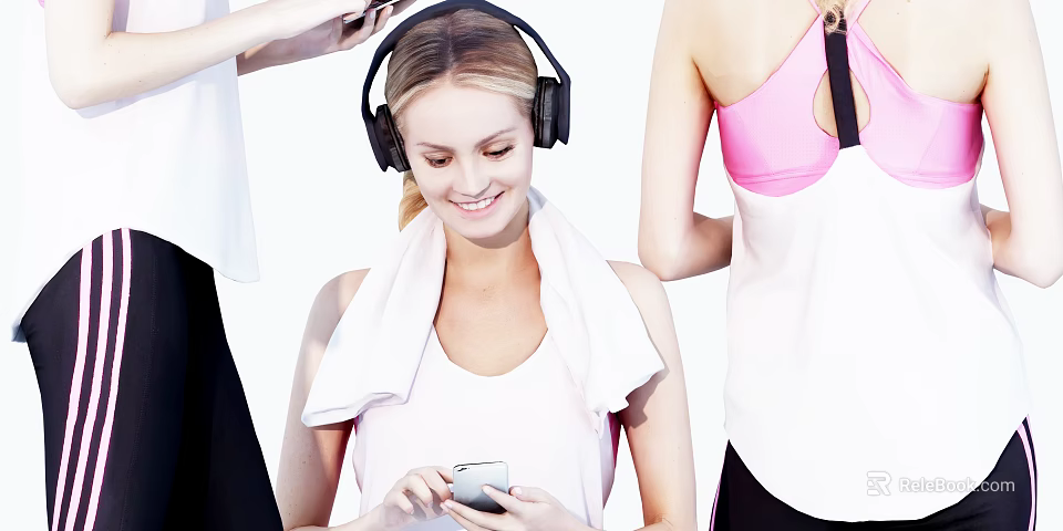 Woman in fitness attire wearing headphones with towel around neck holding phone 3d model 