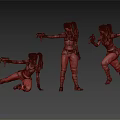 Three Female Characters With Pigtails Holding Guns In Different Action Poses White Top Brown Pants Boots