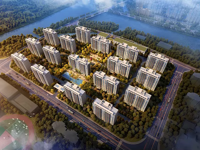 Birds Eye View Planning of High Rise Residential Community With Greenery and River 3d model