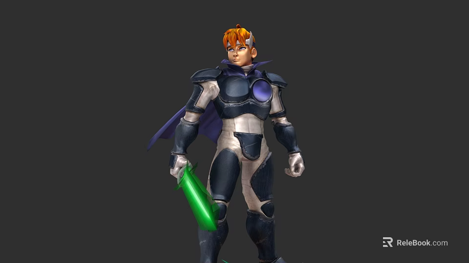 Game Movie Character With Orange Hair Blue Silver Armor Purple Cape Green Glowing Weapon 3d model 