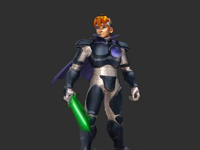 Game Movie Character With Orange Hair Blue Silver Armor Purple Cape Green Glowing Weapon 3d model