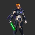 Game Movie Character With Orange Hair Blue Silver Armor Purple Cape Green Glowing Weapon