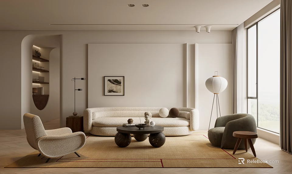 Modern Minimalist Living Room Interior With Curved Sofa Round Coffee Table And Wall Art 3d model 