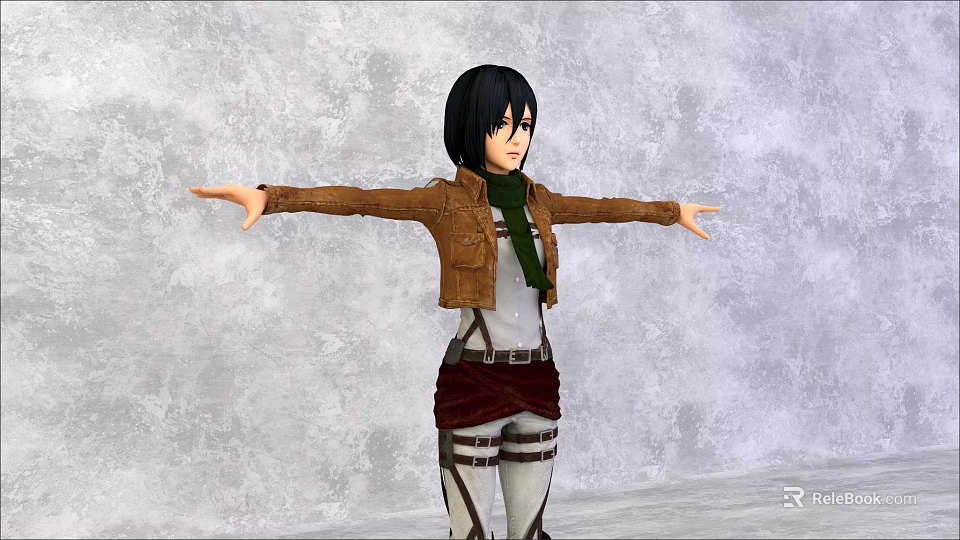 Woman with black short hair in brown leather jacket and green scarf arms outstretched against grey background 3d model 
