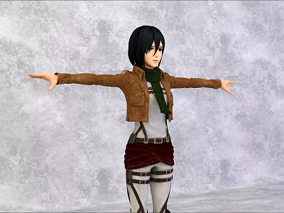Woman with black short hair in brown leather jacket and green scarf arms outstretched against grey background 3d model