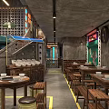 Fun Mario Themed Restaurant Interior With Question Mark Block Neon Signs And City Night View