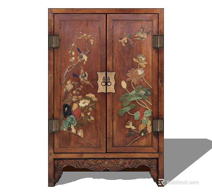 Traditional Chinese Wooden Wardrobe With Carved Floral Bird Patterns And Metal Hardware 3d model 