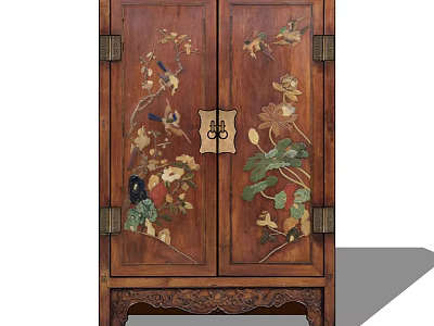 Traditional Chinese Wooden Wardrobe With Carved Floral Bird Patterns And Metal Hardware 3d model