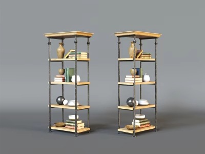 Stylish Shelving Units with Wooden Top Metal Frame and Decorative Items for Home Organization 3d model