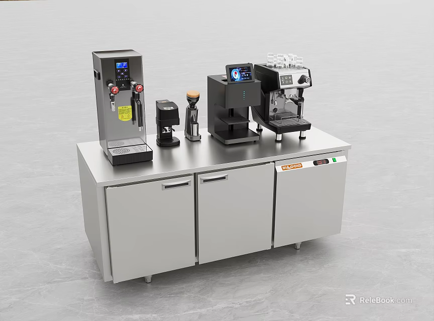Modern Kitchen Appliances Including Coffee Machine And Beverage Dispenser On Stainless Steel Counter 3d model 