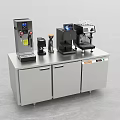 Modern Kitchen Appliances Including Coffee Machine And Beverage Dispenser On Stainless Steel Counter