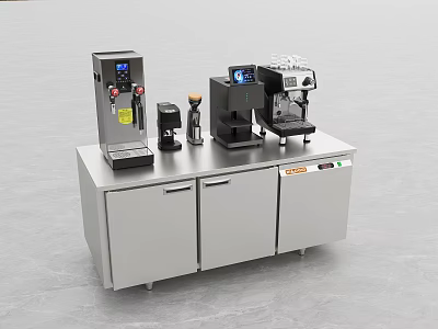 Modern Kitchen Appliances Including Coffee Machine And Beverage Dispenser On Stainless Steel Counter 3d model