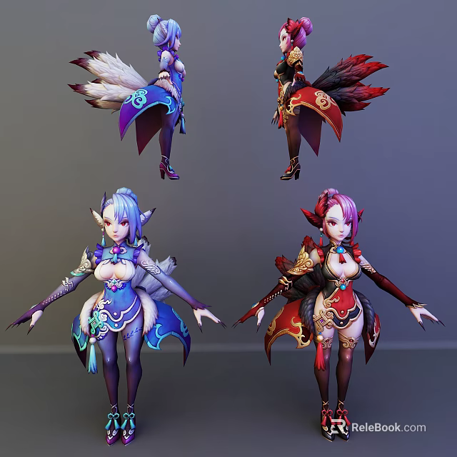 Fantasy Game Characters Elven Female Warriors In Elaborate Colorful Costumes With Feathered Wings 3d model 