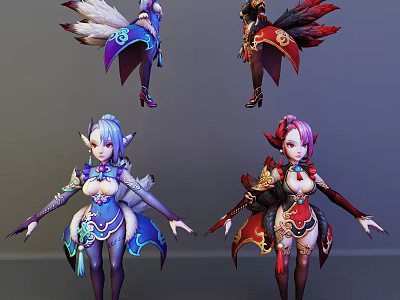 Fantasy Game Characters Elven Female Warriors In Elaborate Colorful Costumes With Feathered Wings 3d model