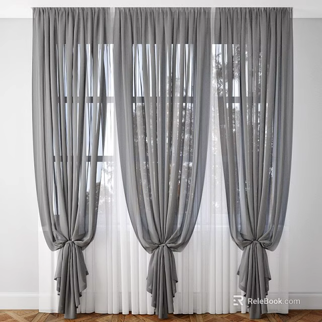 Gray Modern Curtains With Sheer Layers And Tiebacks For Window Decoration 3d model 
