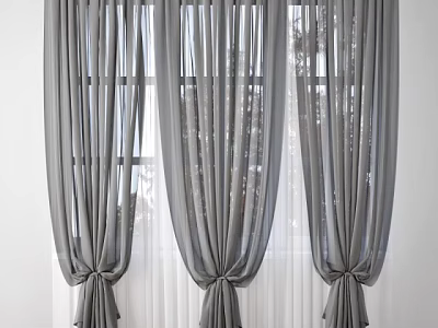 Gray Modern Curtains With Sheer Layers And Tiebacks For Window Decoration 3d model