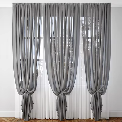 Gray Modern Curtains With Sheer Layers And Tiebacks For Window Decoration 3d model