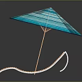 Modern Wooden Outdoor Lounge Chair with Blue and White Striped Umbrella and Reflective Surface