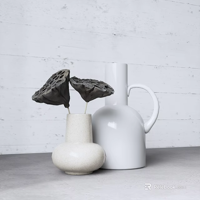 White and Beige Vases with Black Lotus Pods on Gray Tabletop Against White Brick Wall 3d model 