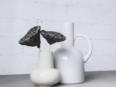 White and Beige Vases with Black Lotus Pods on Gray Tabletop Against White Brick Wall 3d model