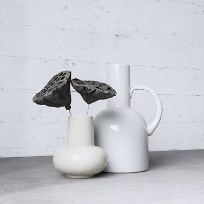 White and Beige Vases with Black Lotus Pods on Gray Tabletop Against White Brick Wall 3d model