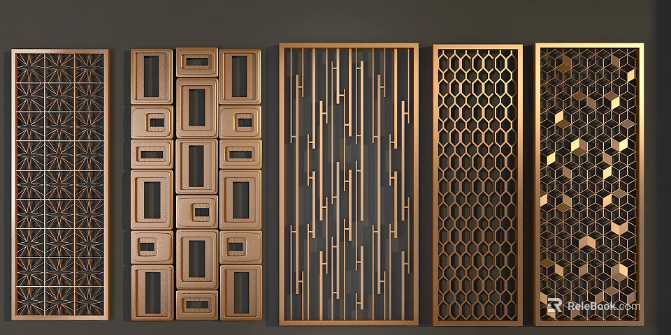 Various Modern Room Dividers With Wooden And Metal Geometric Patterns 3d model 