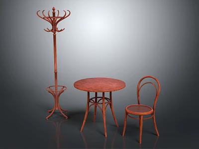 Classic Wooden Table and Chair Set with Curved Design and Matching Coat Rack 3d model