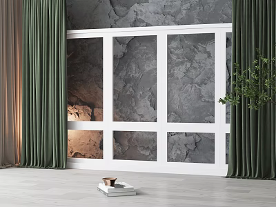 Floor-to-Ceiling Window In White Frame With Gray Marble Wall Green Curtains And Light Wooden Floor 3d model