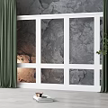 Floor-to-Ceiling Window In White Frame With Gray Marble Wall Green Curtains And Light Wooden Floor