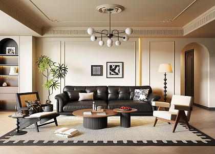 French Retro Style Living Room French Middle Ancient Living Room French Retro Sofa Combination Sofa Coffee Table Combination Cross Hall Black and White Grey Living Room French Leisure Chair French Coffee Table 3d model