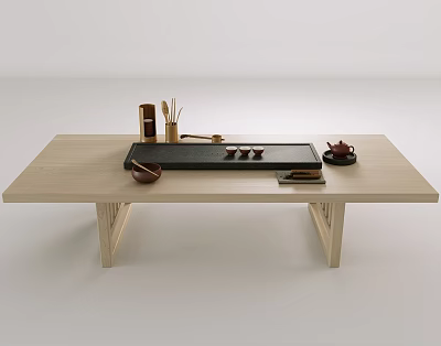 Traditional Tea Set Display on Wooden Table with Teapot Teacups Tray and Accessories 3d model