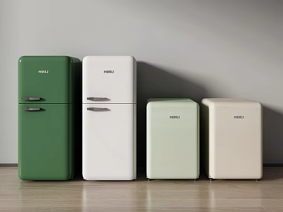 Four HCK Refrigerators in Various Colors Against Gray Wall on Wooden Floor 3d model