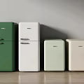 Four HCK Refrigerators in Various Colors Against Gray Wall on Wooden Floor