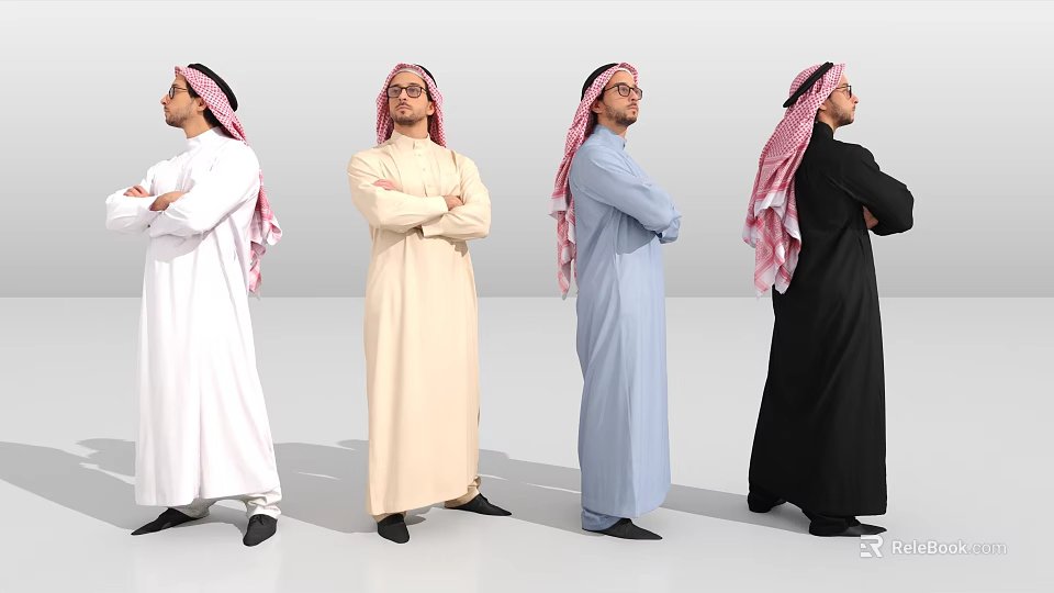 Men In Traditional Robes And Headscarves With Arms Crossed In Various Colors 3d model 