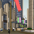 Vibrant Commercial Street With Tall Buildings Colorful Balloons Pedestrians And Store Signs
