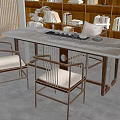Chinese Style Wooden Tea Table and Chairs with Tea Set Green Plant and Bookshelf