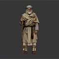 Elderly Man Standing in Traditional Clothing Holding Walking Stick Against Gray Background