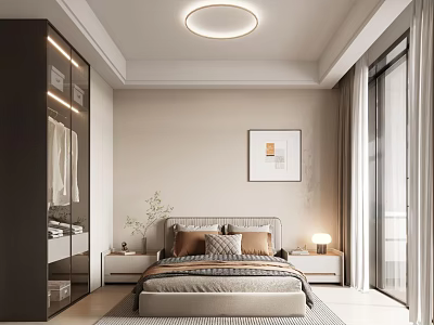Modern Bedroom Interior Design With Beige Walls Round Ceiling Light And Floor To Ceiling Windows 3d model