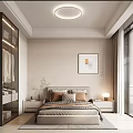 Modern Bedroom Interior Design With Beige Walls Round Ceiling Light And Floor To Ceiling Windows