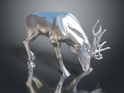 Silver Metallic Deer Sculpture With Bowing Head And Shiny Antlers On Reflective Surface 3d model