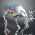 Silver Metallic Deer Sculpture With Bowing Head And Shiny Antlers On Reflective Surface