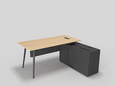Modern Office Desk With Wooden Desktop Black Legs And Drawer Cabinet 3d model