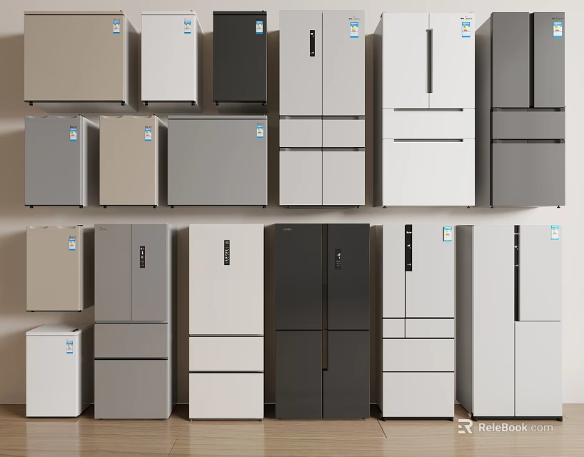 Modern Refrigerators And Freezers With Various Styles And Colors On 3d model 