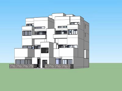 Modern Semi Detached Villa Featuring White Facade Geometric Design Multiple Floors And Balconies 3d model