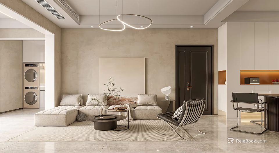 Modern Living and Dining Room Interior With Beige Sofa Chandelier And Decorative Painting 3d model 