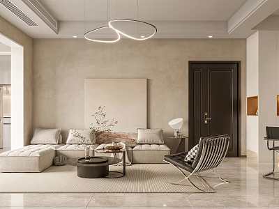 Modern Living and Dining Room Interior With Beige Sofa Chandelier And Decorative Painting 3d model