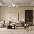 Modern Living and Dining Room Interior With Beige Sofa Chandelier And Decorative Painting