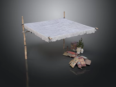 Outdoor Canopy Structure With Bamboo Poles White Fringed Fabric Plants And Wrapped Packages 3d model