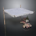Outdoor Canopy Structure With Bamboo Poles White Fringed Fabric Plants And Wrapped Packages